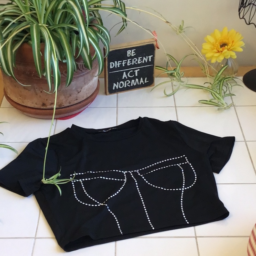 ‘Shein’ Black Short Sleeve Crop Top w/Bustier Design